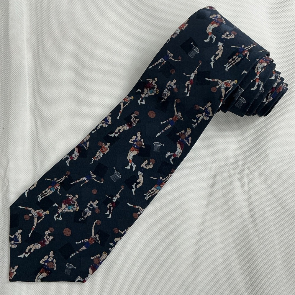Vintage Arnold Palmer Men Necktie 100% Silk Navy Blue Basketball Players USA